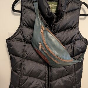 Vintage Orvis Leather Fanny Pack Cross Body Hunter Green Brown Leather Belt Bag